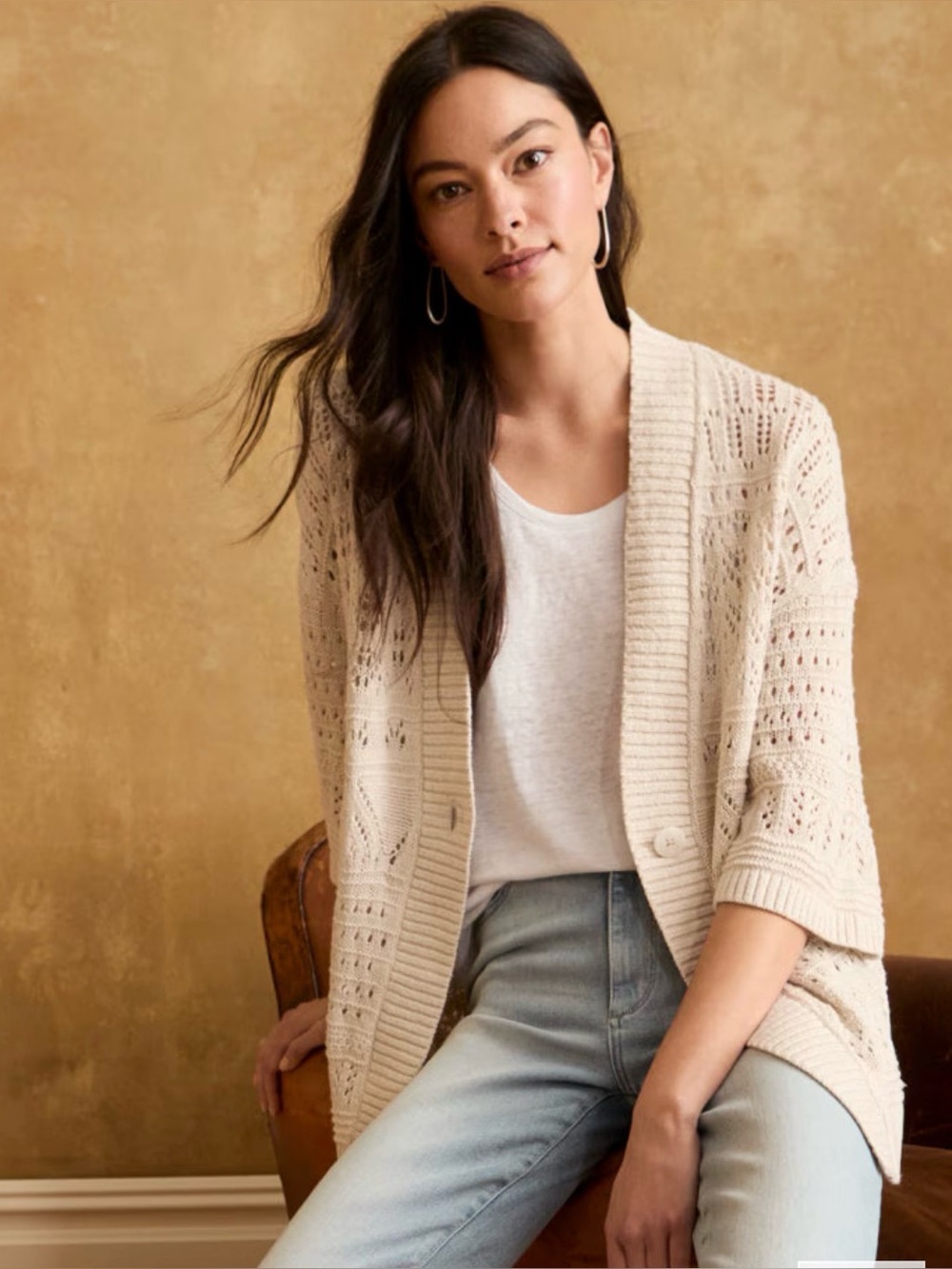 Garnet Hill "Dalia" Linen & Organic Cotton Open Knit Cardigan Sweater - L